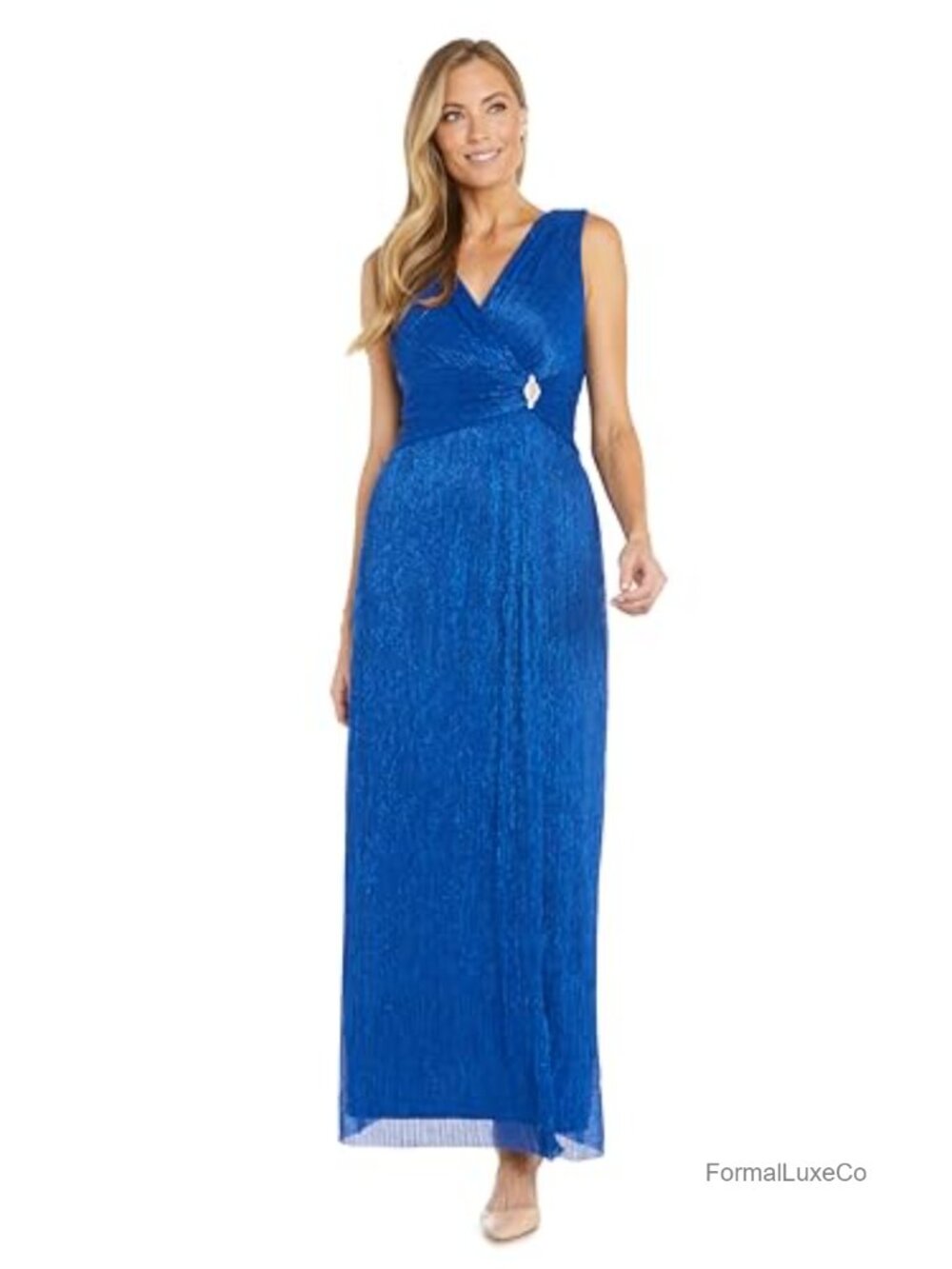 Metallic Knit A-Line Formal Gown with Rhinestone Brooch